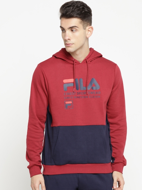 FILA Men Red & Navy Blue Printed Hooded Sweatshirt