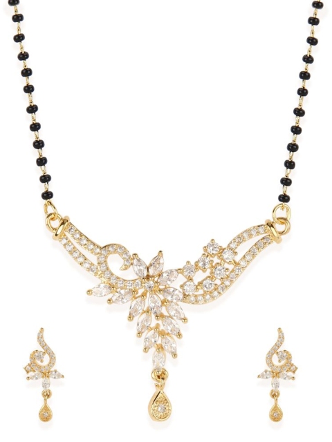 Bhana Fashion Gold-Plated & Black Beaded AD-Studded Mangalsutra With Earrings
