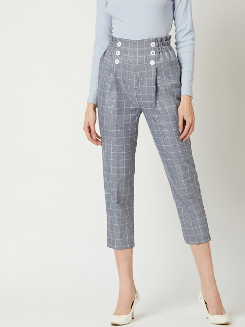 Miss Chase Women Grey & White Regular Fit Checked Regular Trousers