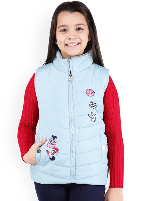One Friday Girls Blue Embroidered Lightweight Puffer Jacket