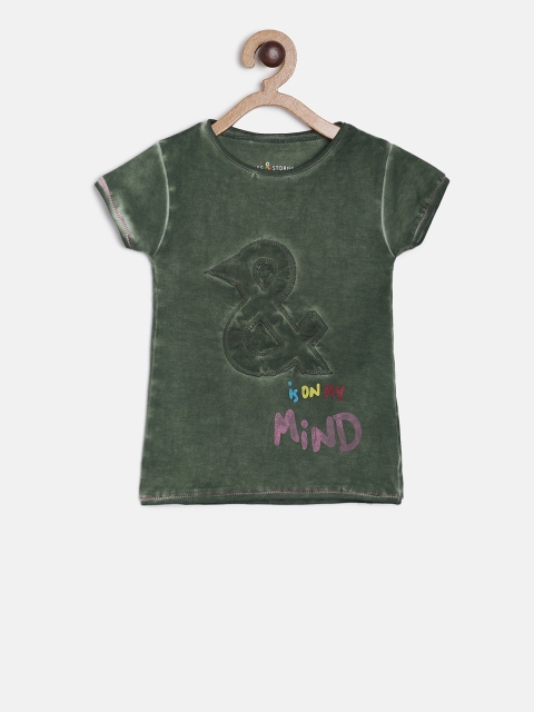 TALES & STORIES Girls Olive Green Printed Round Neck T-shirt
