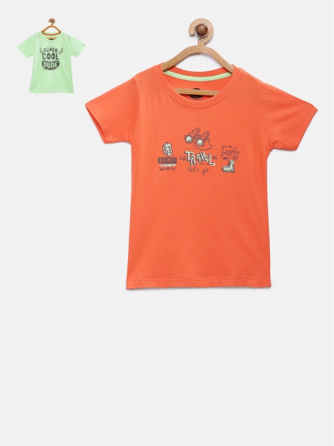 Cub McPaws Set Of 2 Boys Green and Orange Printed Round Neck T-shirt