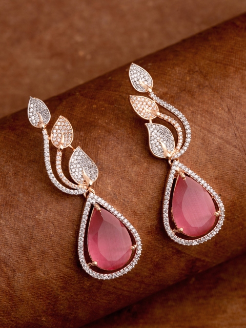 Studio Voylla Rose Gold-Plated & Pink Cubic Zirconia Contemporary Drop Earrings