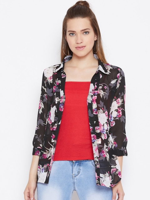 Toshee Women Black & Pink Regular Fit Floral Print Shrug