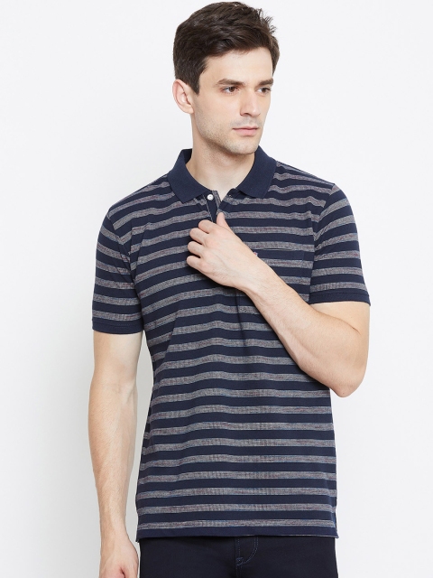 Duke Men Navy Blue & Grey Striped Polo Collar Slim-Fit T-shirt