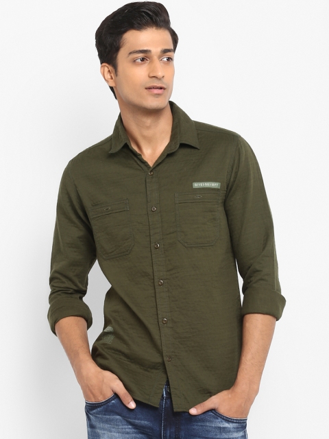 Mufti Men Olive Green Slim Fit Solid Casual Shirt