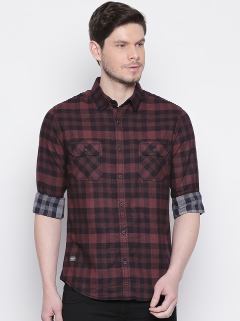 Mufti Men Burgundy & Black Slim Fit Checked Casual Shirt