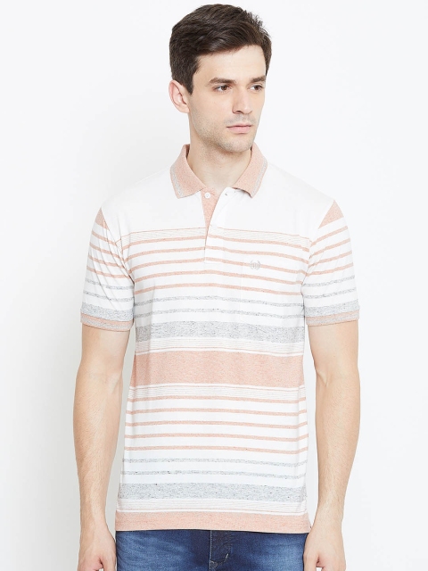 Duke Men Peach-Coloured & White Striped Polo Collar T-shirt