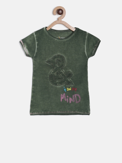 TALES & STORIES Girls Green Printed Round Neck T-shirt