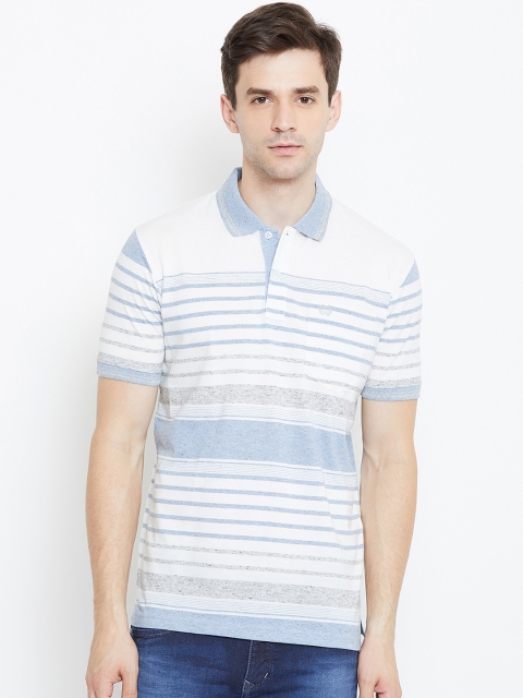 Duke Men Blue & White Striped Polo Collar T-shirt