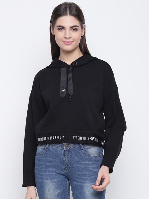 4F Women Black Solid Hooded Sweatshirt