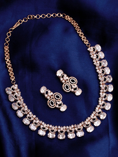 Studio Voylla Rose Gold-Plated & White CZ Stone-Studded Handcrafted Jewellery Set