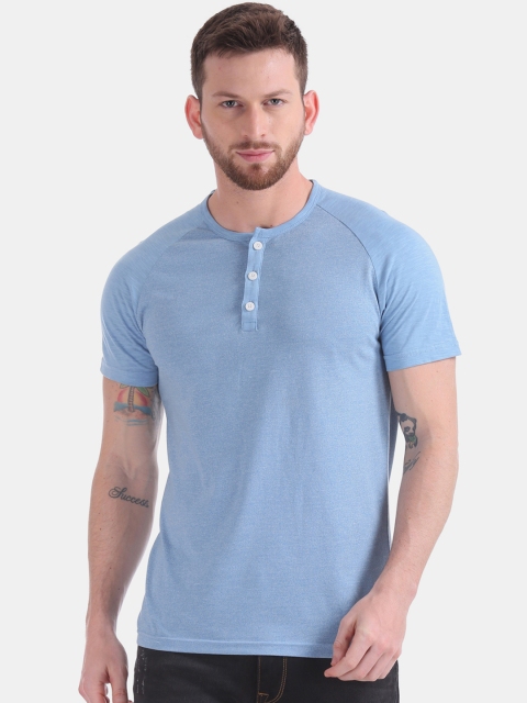 Cherokee Men Blue Solid Henley Neck T-shirt