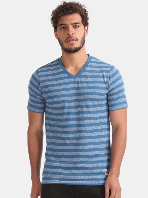 Cherokee Men Blue Striped V-Neck T-shirt