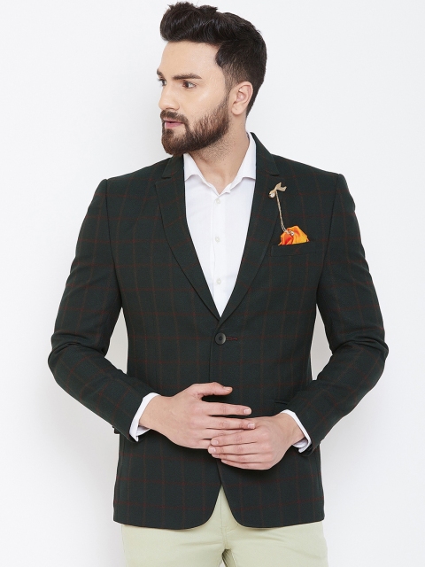 Spirit Men Olive Green & Red Checked Single-Breasted Blazer