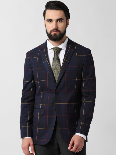 Peter England Men Navy Blue Checked Single-Breasted Slim Fit Blazer