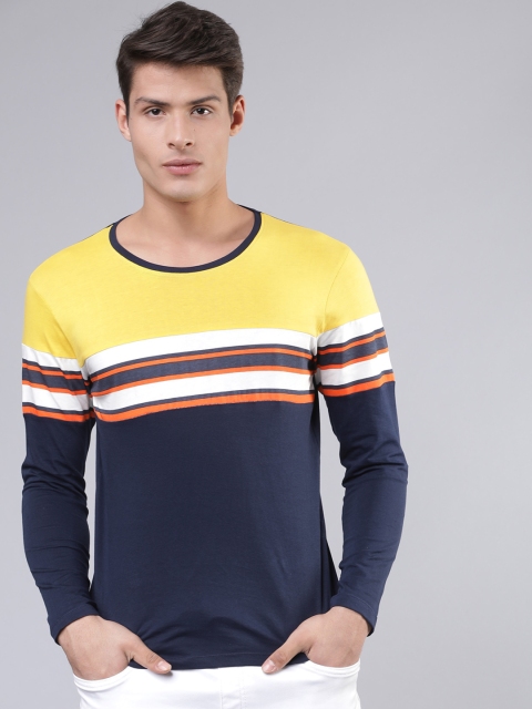 Ecko Unltd Men Navy Blue & Yellow Striped Round Neck T-shirt