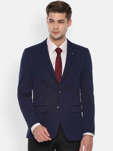 Van Heusen Men Navy Blue Self-Design Single-Breasted Slim-Fit Formal Blazer