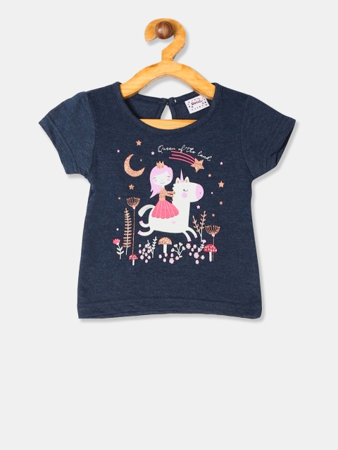Donuts Girls Navy Blue Printed Round Neck T-shirt