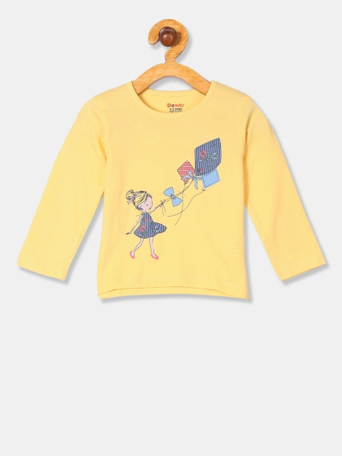 Donuts Girls Yellow Printed Round Neck T-shirt