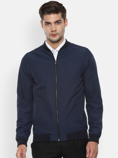 V Dot Men Navy Blue Solid Bomber Jacket