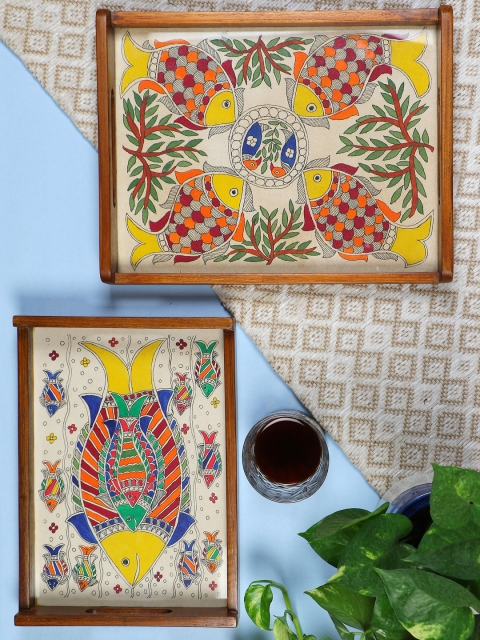 VarEesha Set of 2 Brown & Yellow Madhubani Work Handmade Teak Wood Serving Trays with Glass Top
VarEesha Set of 2 Brown & Yellow Madhubani Work Handmade Teak Wood Serving Trays with Glass Top