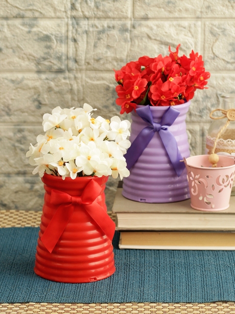 TIED RIBBONS Set Of 2 Red & Violet Artificial Flower With Pot, White