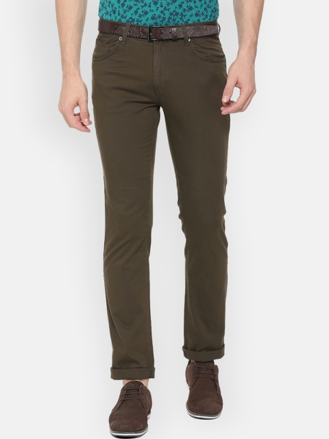 V Dot Men Olive Green Slim Fit Solid Regular Trousers