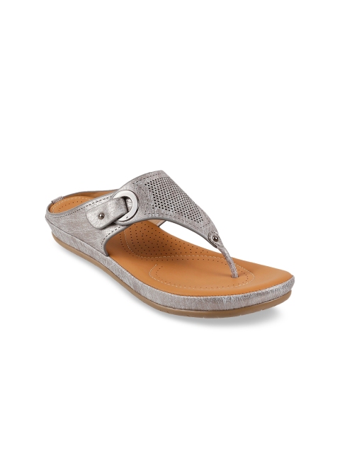 Mochi Women Silver-Toned Textured T-Strap Flats