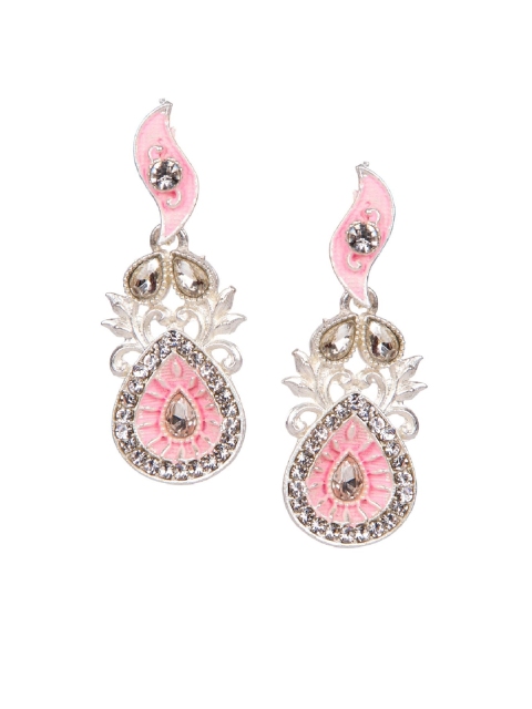 ANIKAS CREATION Pink & Silver-Plated Enamelled Classic Drop Earrings