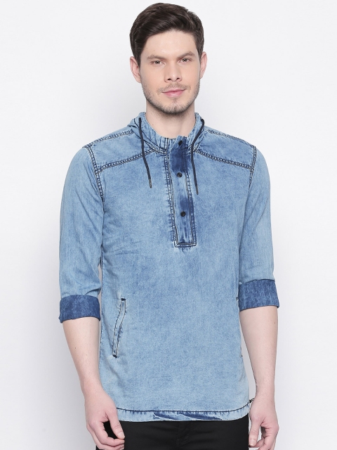 Mufti Men Blue Slim Fit Solid Hooded Casual Shirt