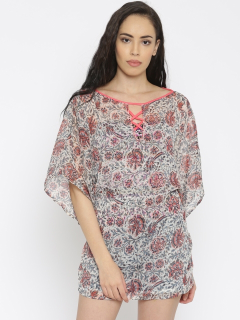 The Kaftan Company Women Off White & Pink Printed Kaftan Cover-Up Dress
