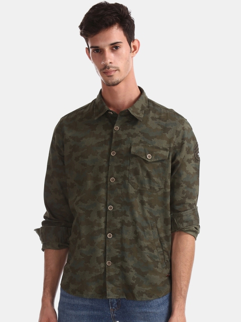 Cherokee Men Olive Green & Blue Regular Fit Printed Casual Shirt