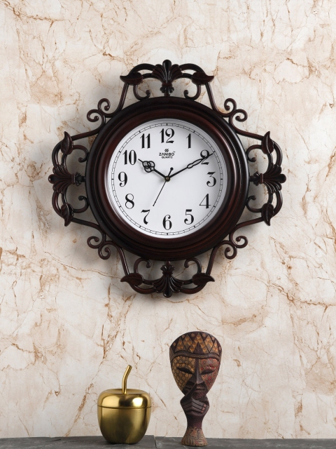 ZANIBO Coffee Brown & White Floral Solid 44 cm Analogue Wall Clock