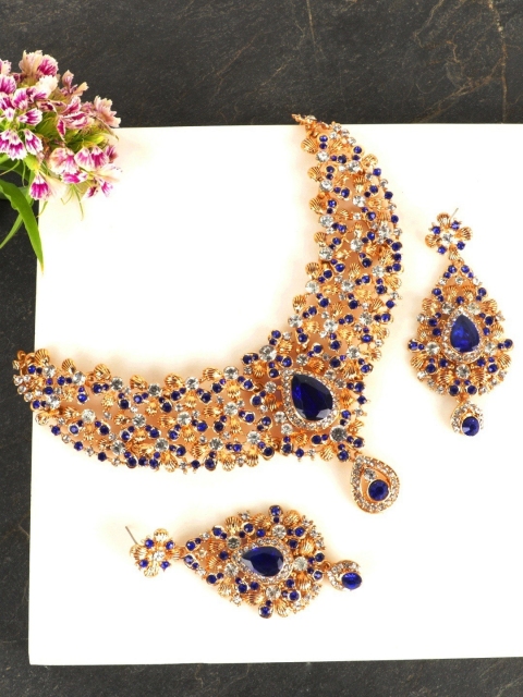 Crunchy Fashion Gold-Plated Blue & White Crystal Embellished Jewellery Set