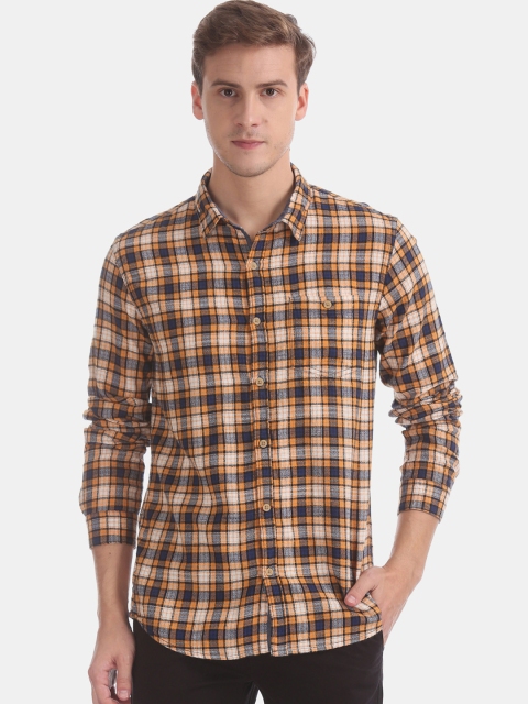 Cherokee Men Orange & Navy Blue Regular Fit Checked Casual Shirt