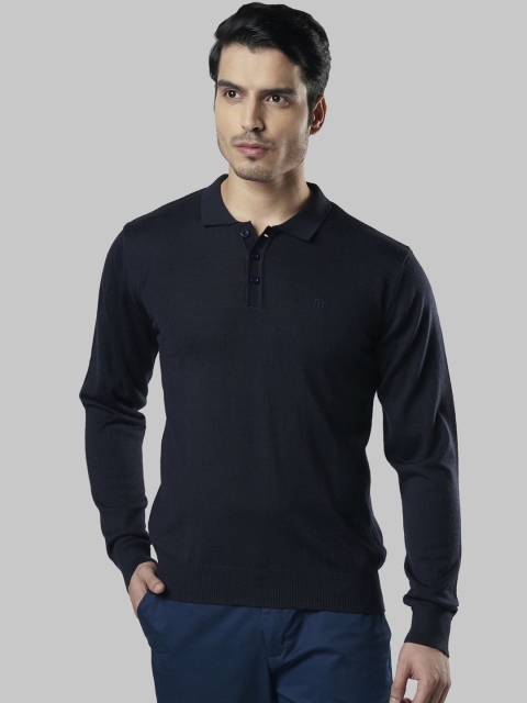 Raymond Men Navy Blue Solid Wool Blend Pullover Sweater