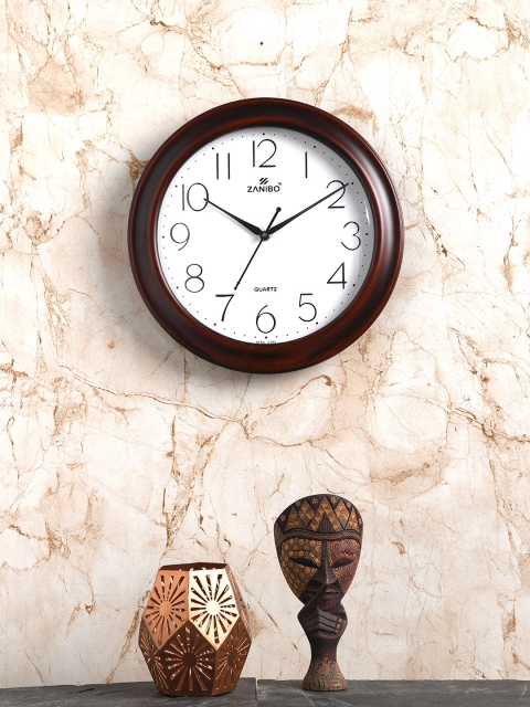 ZANIBO Brown & White Round Solid 30 cm Analogue Wall Clock