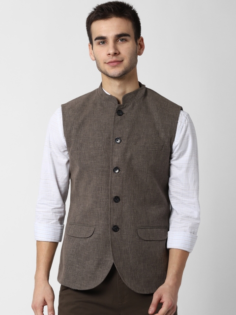 Peter England Men Brown Woven Design Nehru Jacket