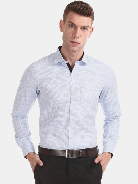 Excalibur Men Blue & White Regular Fit Printed Semiformal Shirt