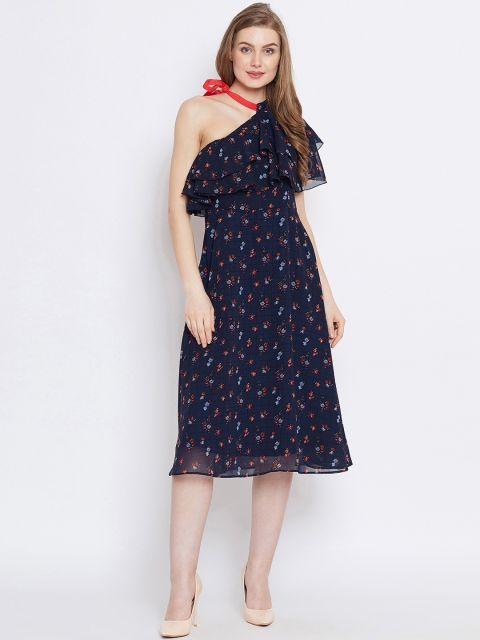 PANIT Women Navy Blue & Red Floral Printed Fit and Flare Dress