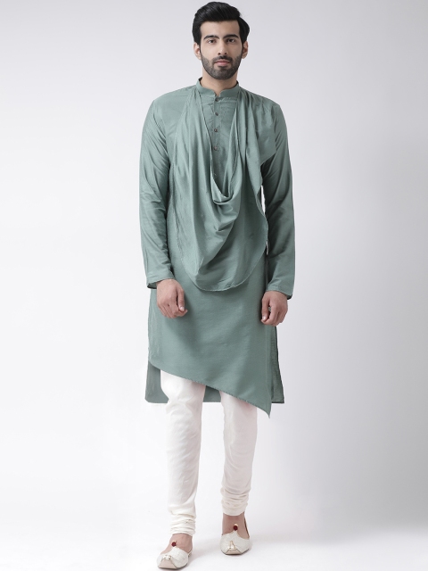 KISAH Men Green & White Solid Kurta with Churidar