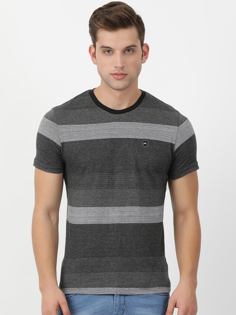 Monte Carlo Men Grey & White Striped Round Neck T-shirt
