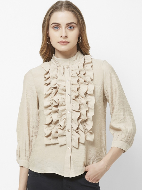 bebe Women Beige Regular Fit Solid Formal Shirt