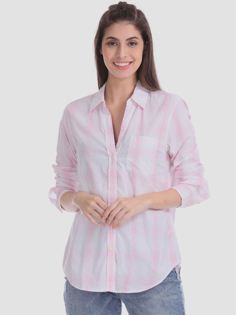 GAP Women White & Pink Checked Regular Fit Casual Shirt