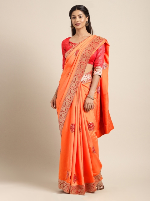 Mitera Orange & Red Poly Chiffon Embroidered Saree