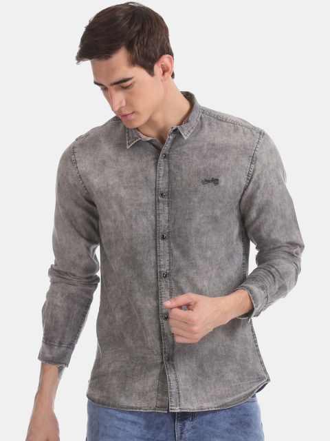 Cherokee Men Grey Regular Fit Faded Denim Washed Casual Shirt