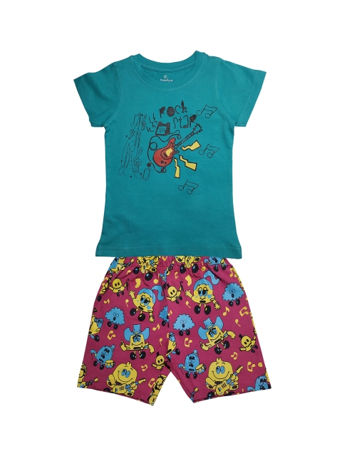 KiddoPanti Girls Blue & Red Printed Top with Shorts