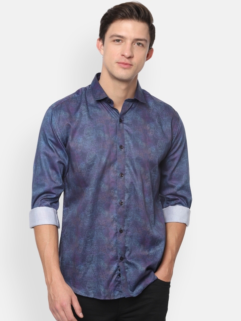 V Dot Men Navy Blue Slim Fit Printed Casual Shirt