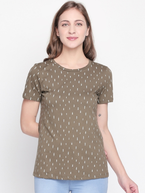 Honey by Pantaloons Women Olive Green Printed Round Neck T-shirt